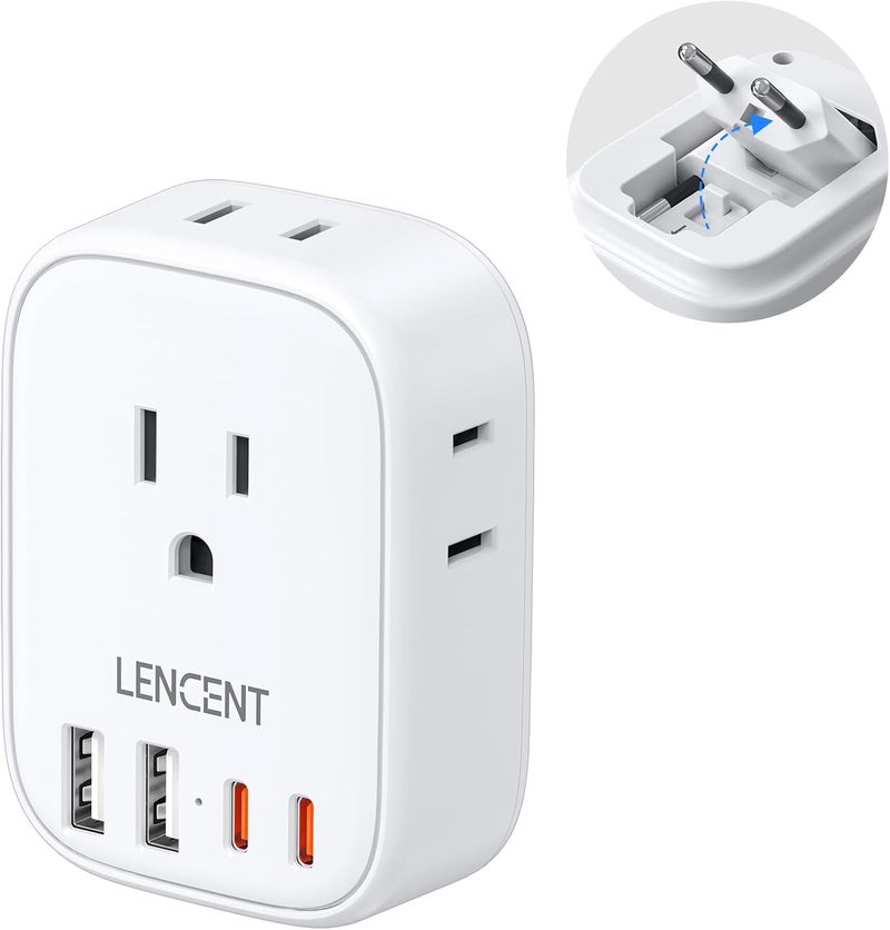 Lencent European Travel Plug Adapter, US to Europe Type-C Foldable Power Plug with 4 Outlets 4 USB Ports (2 USB C), Power Adaptor for USA to EU Euro Iceland Spain Italy France Germany Greece Portugal - Image 1